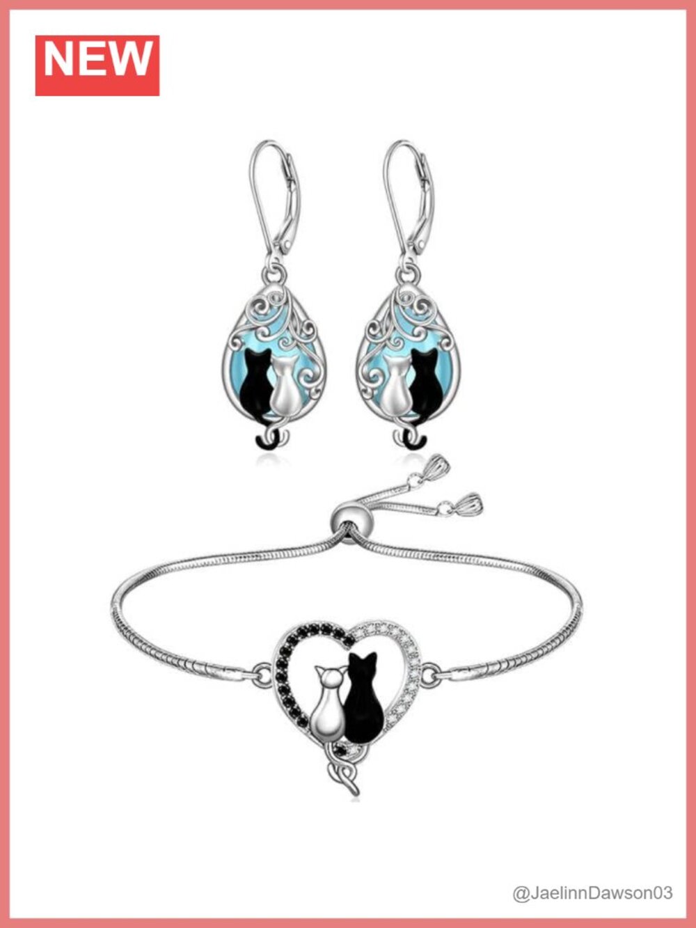 Sterling Silver Cat Earrings and Bracelet Set for Women